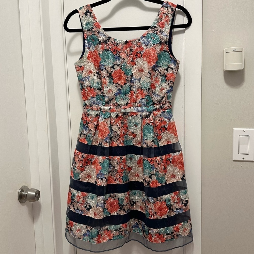 ModCloth Minuet Fit & Flare Dress Womens Sz S Navy Blue Floral Stretch Back Zip